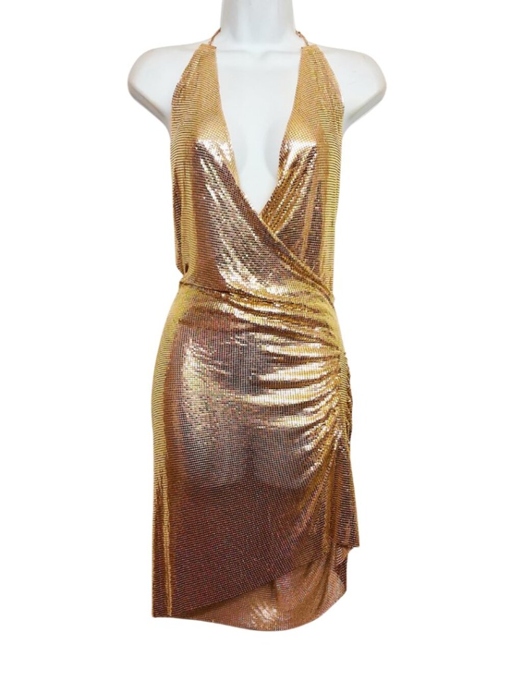 12TH TRIBE Metal Chainmail Gold Metallic Halter Neck Mini Dress Festival XL NWT
